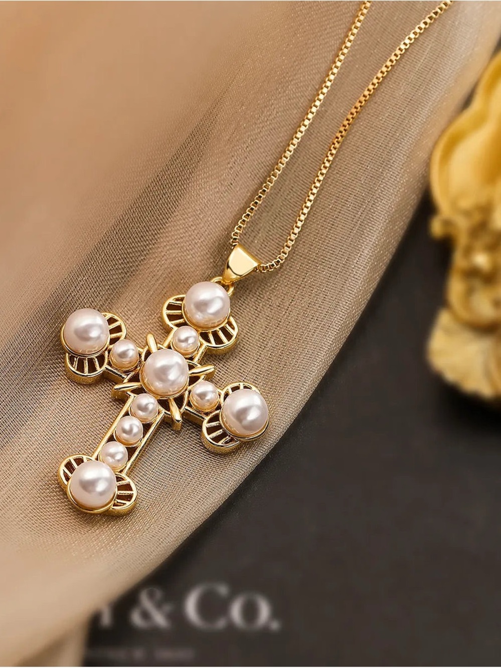 Gold Pearl Cross Pendant Necklace - Elegant Women's Jewelry
